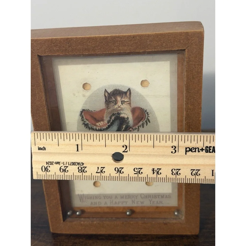 Vintage Christmas Cat Postcard Dexterity Puzzle Rolling Ball Game Wood Frame
